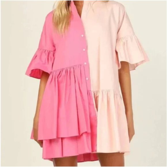 Pink Color Block Shirt Dress - Size Medium - Picture 1 of 4